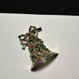 Signed Gerry’s Christmas Holly Bell On Bow Holiday Gold Tone Brooch Pin